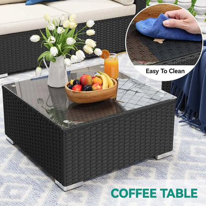 7 Pieces Patio Furniture Set, Sectional Sofa PE Rattan Wicker Conversation Set Outside Couch with Table and Cushions for Porch