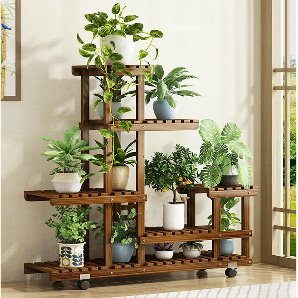 wheels Wooden Plant Stand with Wheels Multi-Layer Rolling Plant Flower Display Shelf Indoor Movable Storage Rack Holder Outdoor fo
