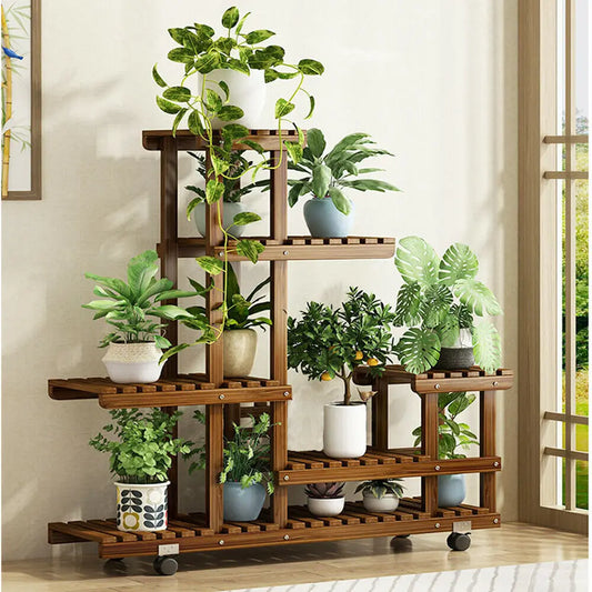 wheels Wooden Plant Stand with Wheels Multi-Layer Rolling Plant Flower Display Shelf Indoor Movable Storage Rack Holder Outdoor fo