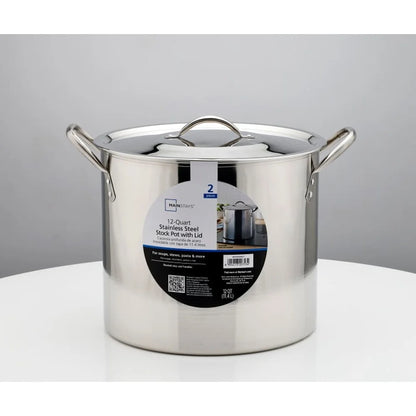 12 Quart Stainless Steel Stock Pot with Metal Lid Stay Cool Handles Heavy Duty Cookware Soup Stew Boiling Ideal Kitchens