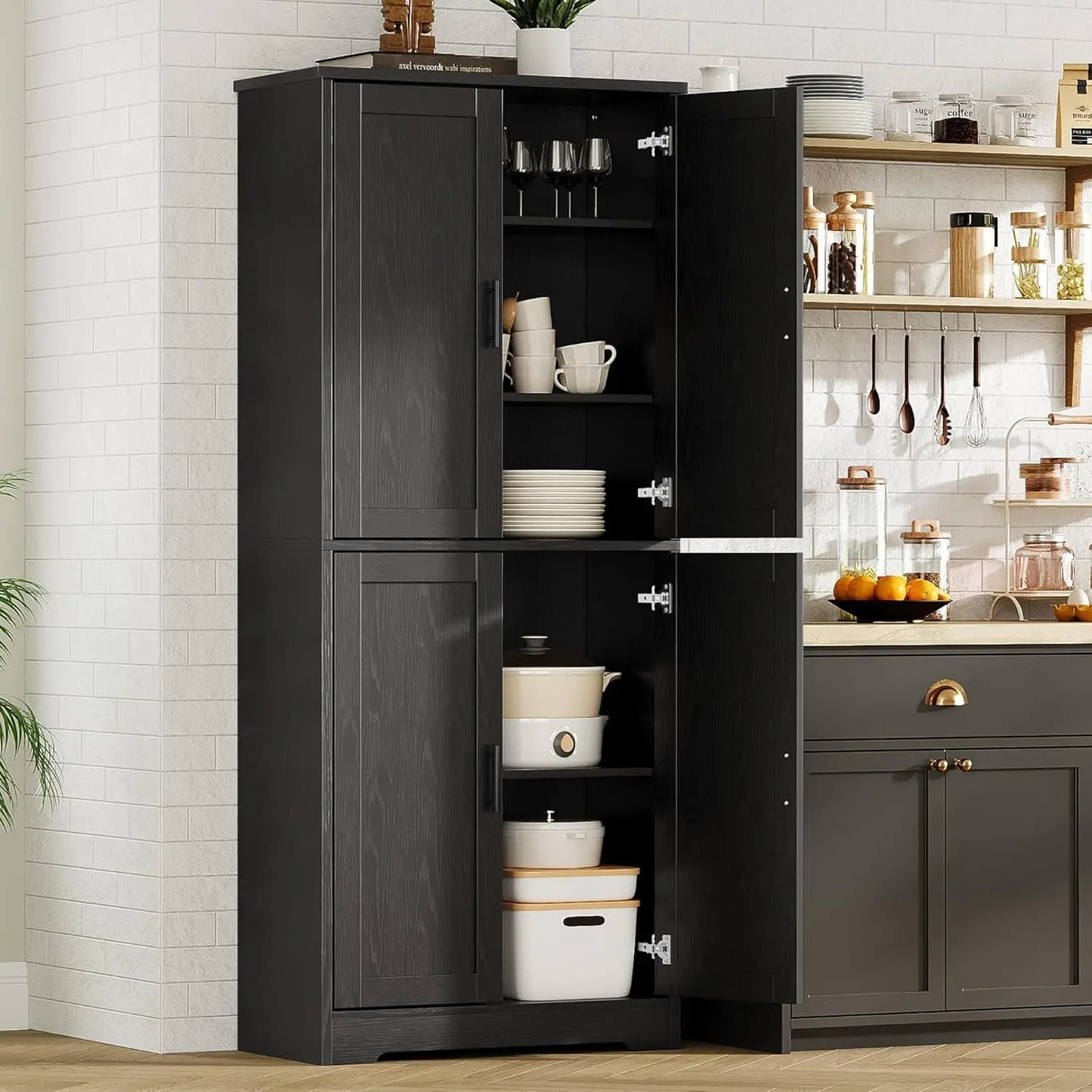 70 Inch Tall Kitchen Pantry Cabinet, Freestanding Storage Cabinet with 4 Doors and Adjustable Shelves, Utility Hutch Cupboard fo