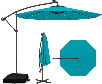 10 Foot Cantilever Patio Umbrella with Solar LED Lights, Tilt and Crank Operation, and Included Base