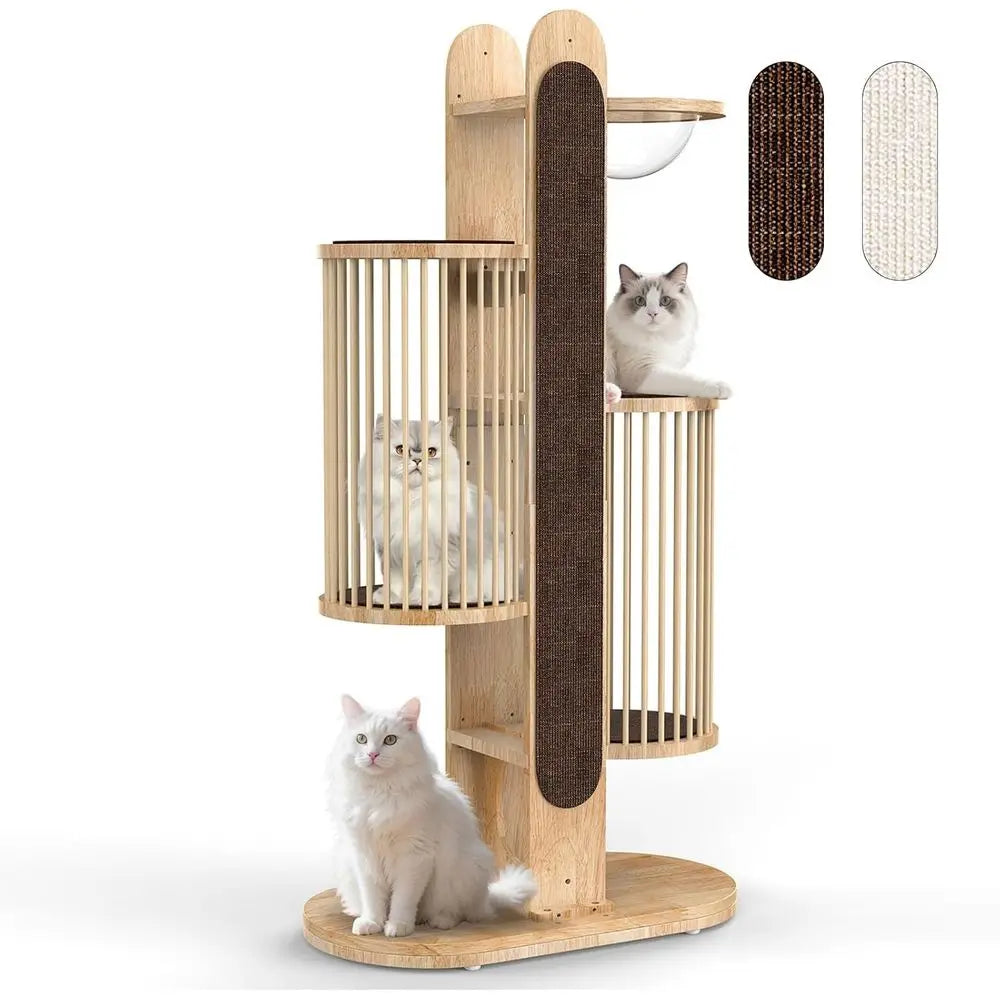 67 High Wooden Cat Tower with 6 Levels, Scratching Posts, Big Bed, Washable Cushions for Large Cats in White and Brown