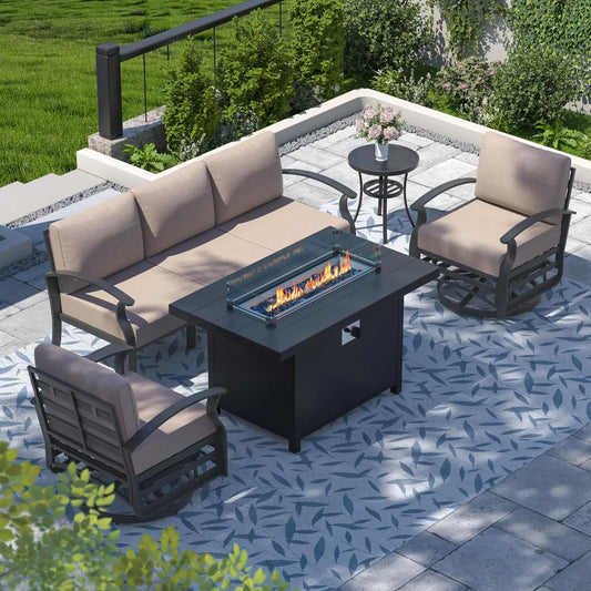 Aluminum Patio Furniture Set with Fire Pit Table, Swivel Chair Metal Patio Sectional Sofa with Upgrade Cushions for Patio