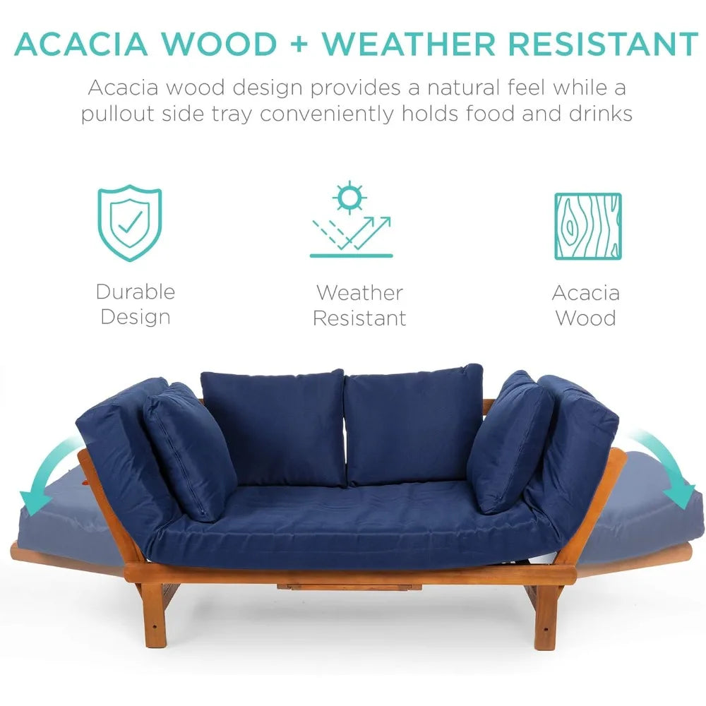 Outdoor Convertible Acacia Wood Futon Sofa Furniture for Patio, Balcony, Poolside, Backyard w/Pullout Tray, Removable Weather-R