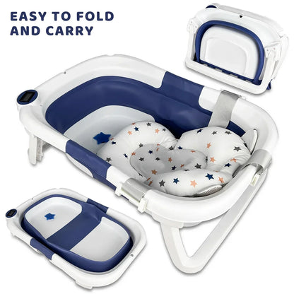 Baby BathTub with Bath Cushion, Portable and foldable, real-time temperature sensor, with a drainage hole