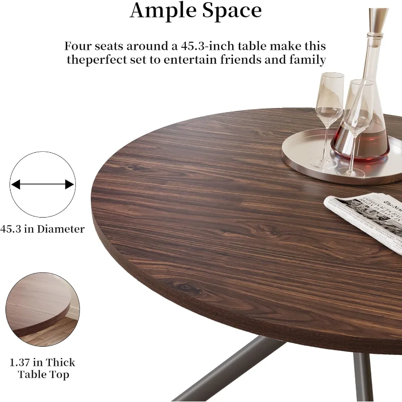 45.3 Inch Modern Round Dining Table for 4, Space-Saving Dinette with Carbon Steel Legs for Apartment(Walnut Table)