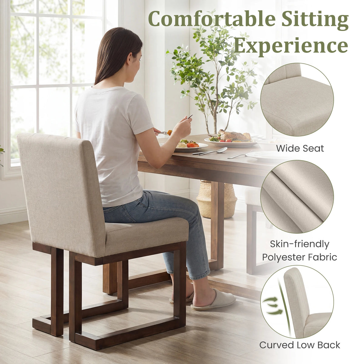2PCS Wooden Dining Chairs Modern Farmhouse Fabric Upholstered Kitchen Chairs