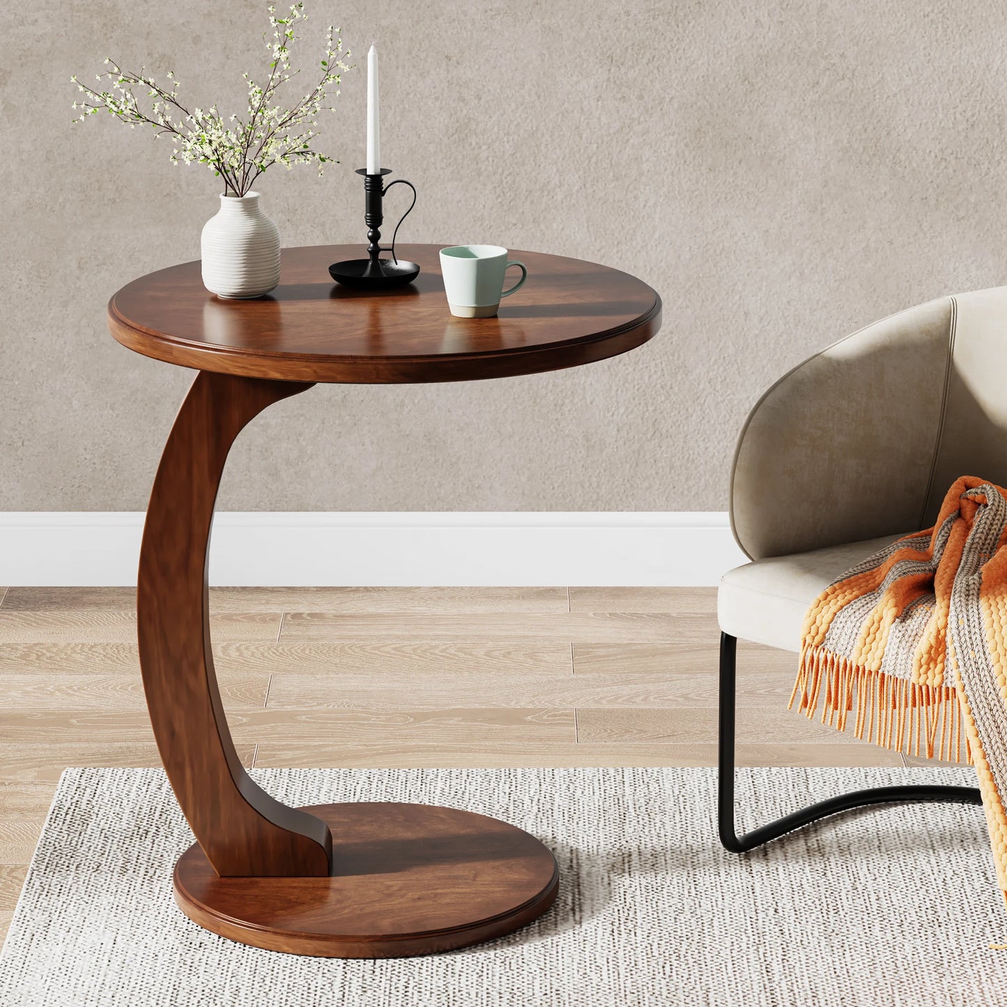Tribesigns Mid Century Round End Table, Wood C-Shaped Side Table, Small Couch Side Table, Retro Side Table