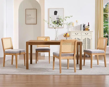 Modern Farmhouse Rattan Dining Chairs Set of 4 Beige Linen Upholstered Dining Room Chairs  Cane Back Mid Century Black Wooden