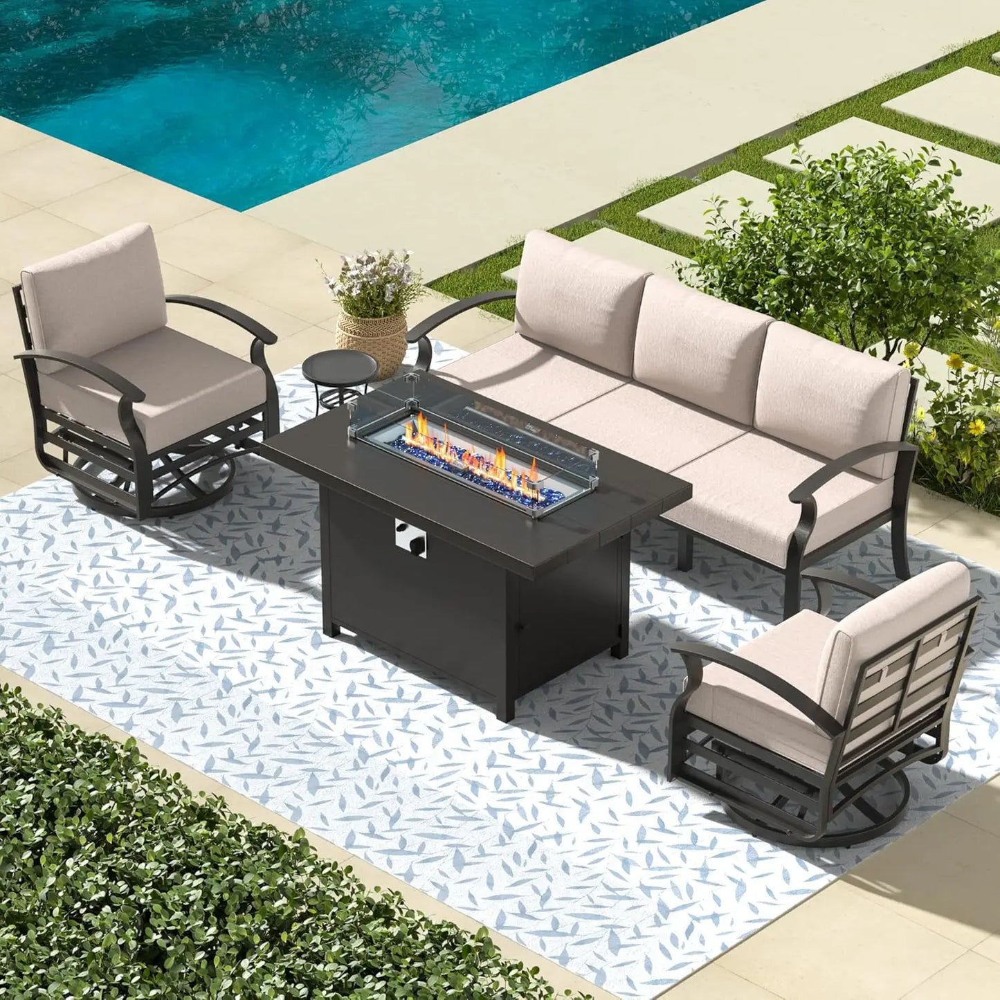 Aluminum Patio Furniture Set with Fire Pit Table, Swivel Chair Metal Patio Sectional Sofa with Upgrade Cushions for Patio