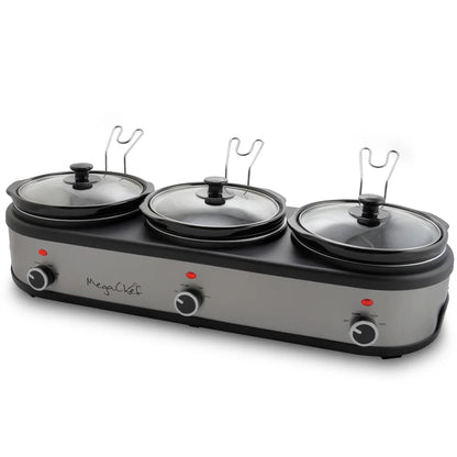3 Pot 2.5 Qt Slow Cooker Buffet Server with Individual Temperature Control Detachable Lid Rests Anti Slip Feet
