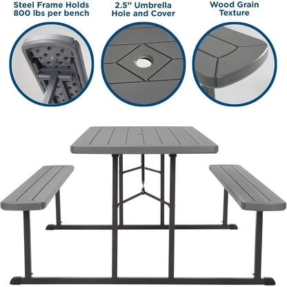 Outdoor 6 ft. Folding Picnic Table, Dark Gray Wood Grain Resin with Gray Steel Legs