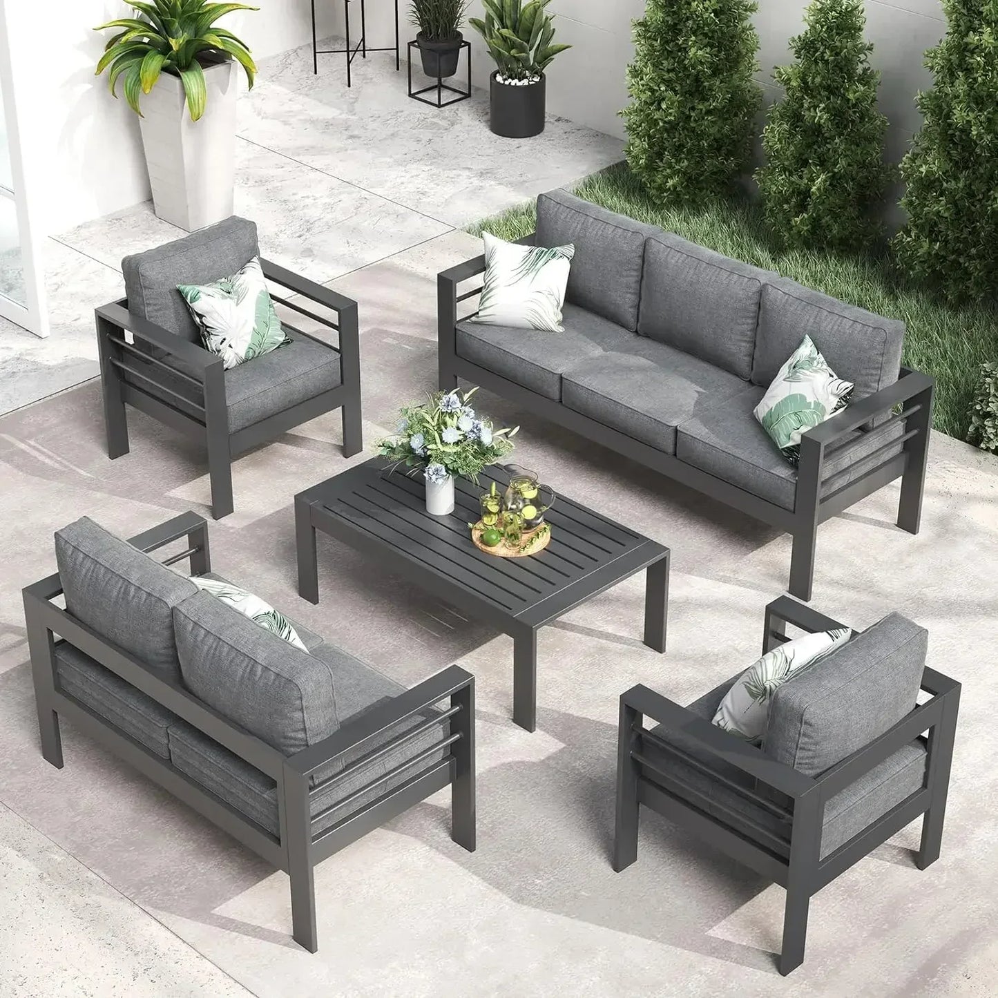 RPD4-QLayinSun Aluminum Furniture with Fire Pit Table. 5 Pieces Patio Sectional Conversation Chat Sofa Modern Seating Set