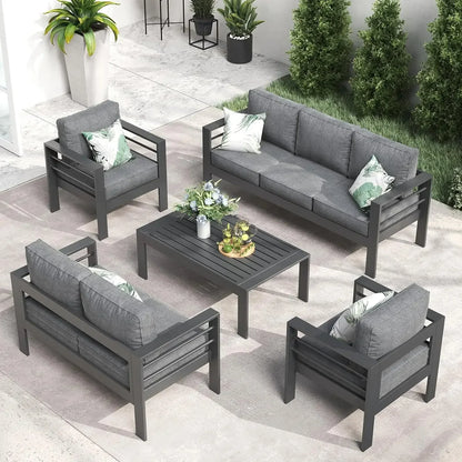 RPD4-QLayinSun Aluminum Furniture with Fire Pit Table. 5 Pieces Patio Sectional Conversation Chat Sofa Modern Seating Set