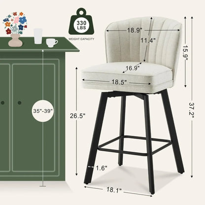 Swivel Counter Height Bar Stools Set of 2, 26'' Modern Barstools with Backs and Metal Legs, Upholstered Bar Chairs, Beige, Fabri