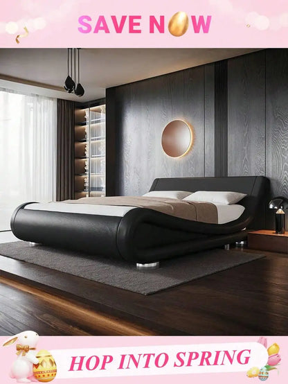 Full/QueenKing Size Bed Frame With Ergonomic & Adjustable Headboard, Low Profile Modern Upholstered Platform Sleigh Design - Easy Assembly, No Box Spring Required, Grey