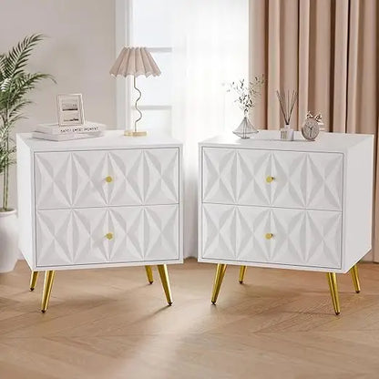 White Night Stand Set of 2, Wide Embossed Nightstand with 2 Drawers