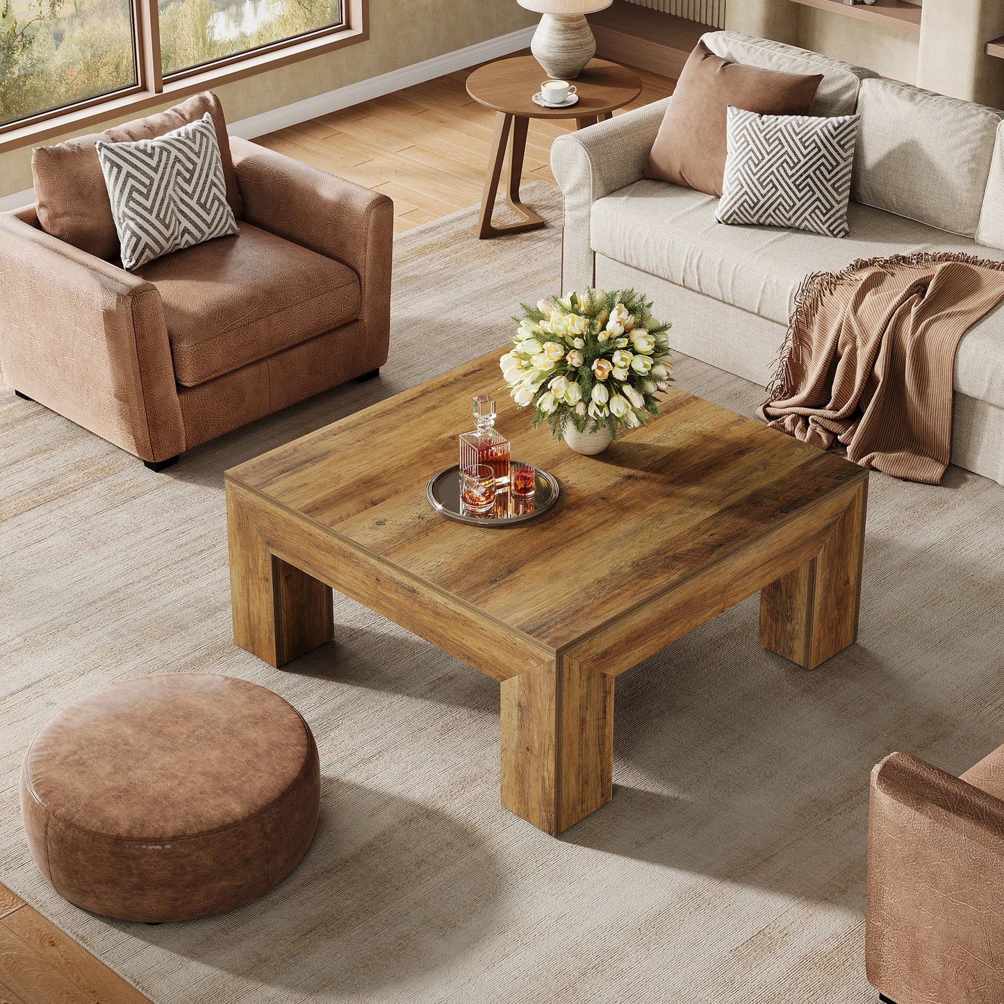 39.4-Inch Square Coffee Table for Living Room, Farmhouse All MDF Accent Center Cocktail Table with Sturdy Wooden Legs