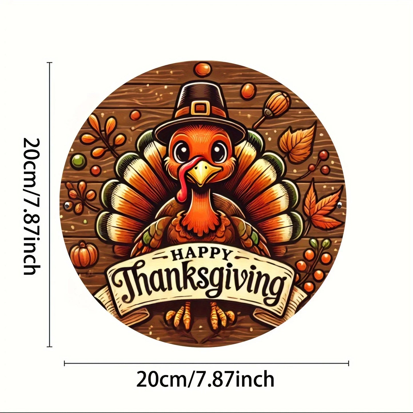 Happy Thanksgiving Aluminum Alloy Wall Art  with Whimsical Turkey, Autumn Leaves & Pumpkins Design - Home, Cafe, Bar Wall