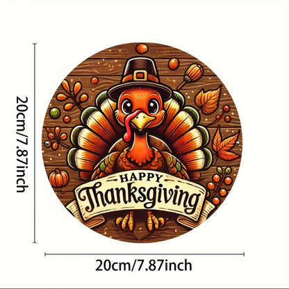 Happy Thanksgiving Aluminum Alloy Wall Art  with Whimsical Turkey, Autumn Leaves & Pumpkins Design - Home, Cafe, Bar Wall