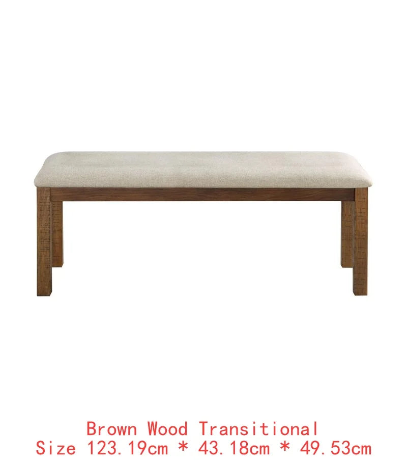 6-Pc Brown Finish Dining Set: Rectangular Table, Bench & Beige Upholstered Side Chairs for Transitional  Dining Room