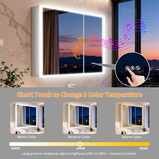 Lighted Bathroom Cabinet: Double Doors LED Lighted Mirror Bathroom Cabinet with Bluetooth Dual Speakers, Wall-Mounted Medicine C