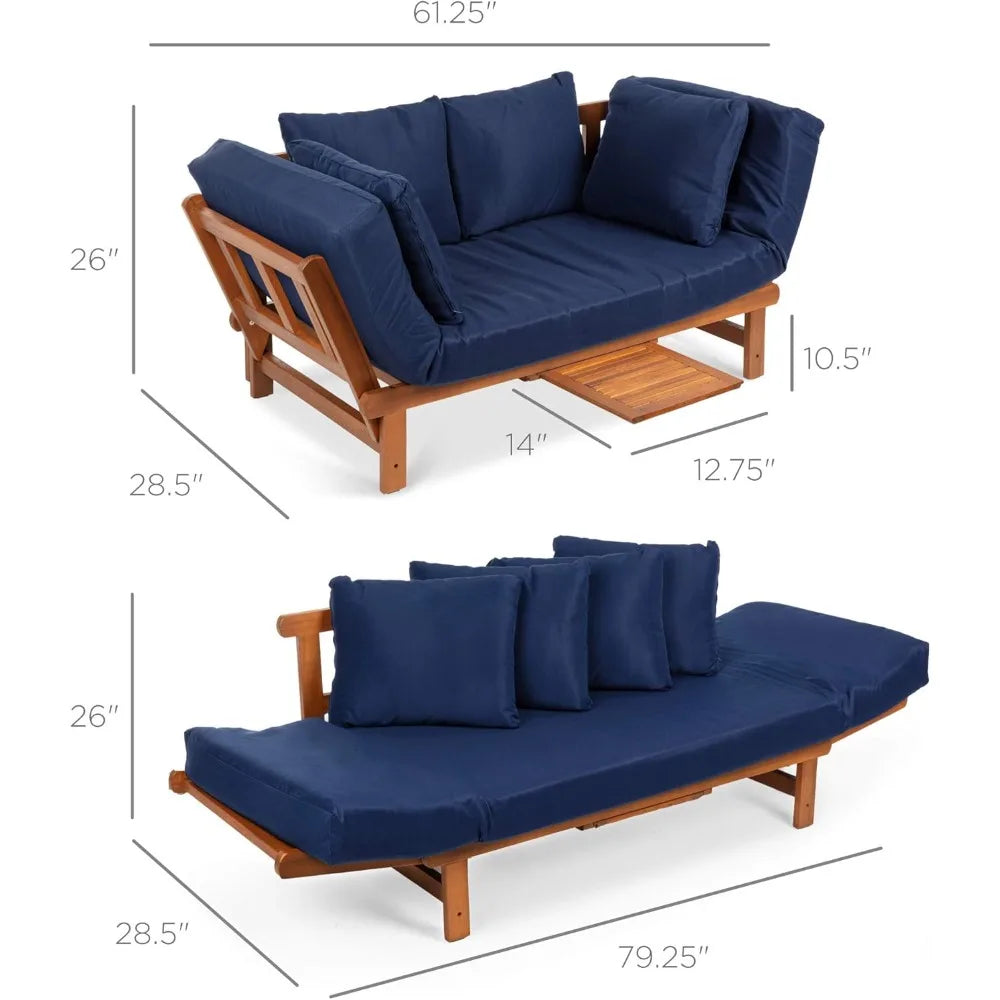 Outdoor Convertible Acacia Wood Futon Sofa Furniture for Patio, Balcony, Poolside, Backyard w/Pullout Tray, Removable Weather-R