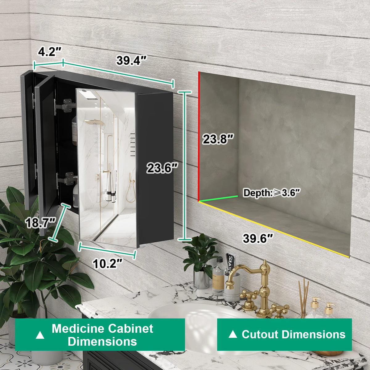 Large Wall Mounted Medicine Cabinet 3 Door Bathroom Mirror Storage Cabinet Modern Black Finish with Shelves