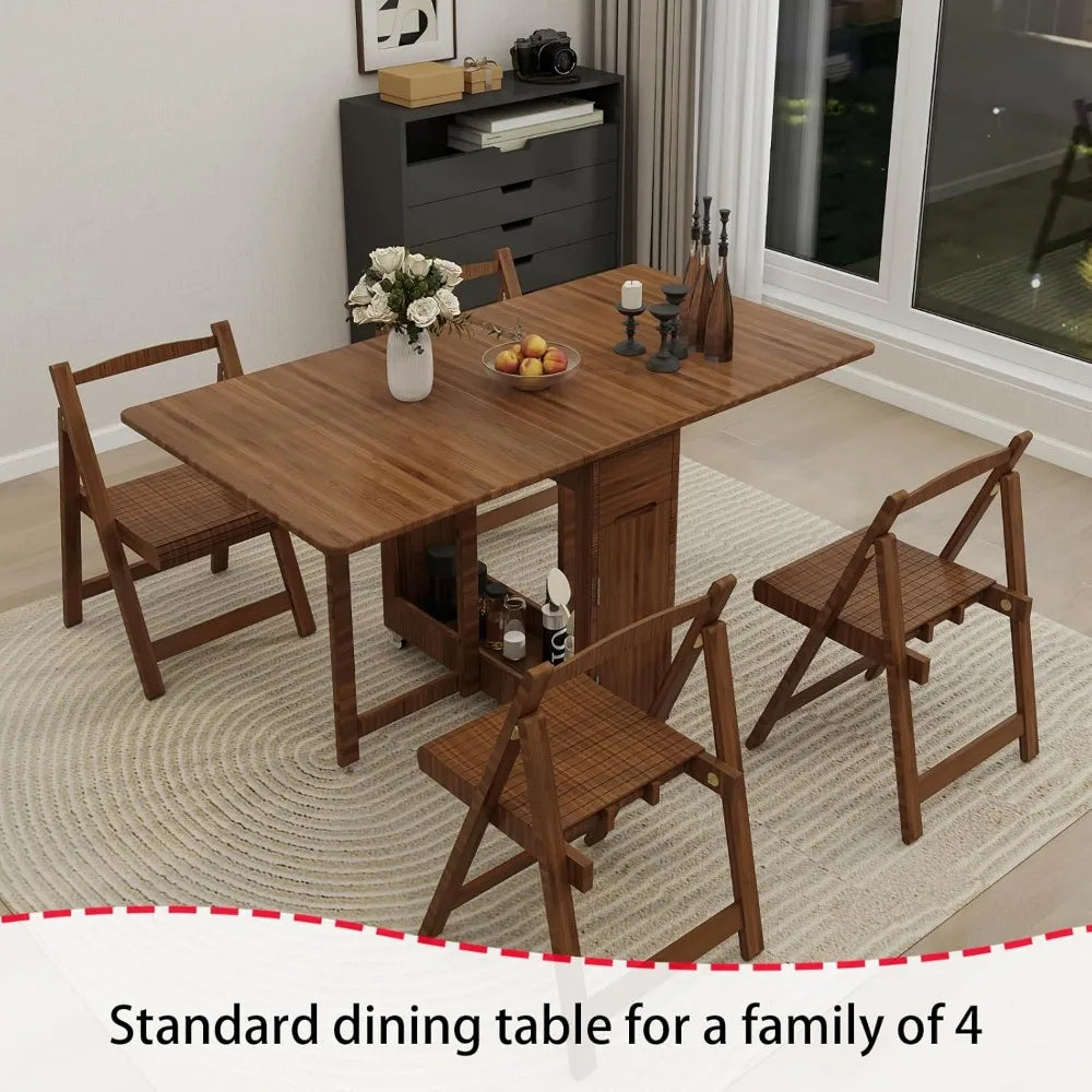 Folding Dining Table Set for 4, Bamboo Foldable Kitchen Dinning Set with Chairs, Double Drop Leaf Devise, Inside of Dinner