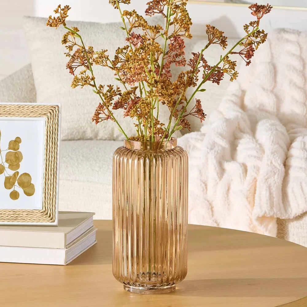 Ribbed Glass Vase Decorative Home Accent Indoor Use Floral Holder Elegant Cylinder Design 10 Inch Lightweight Washable