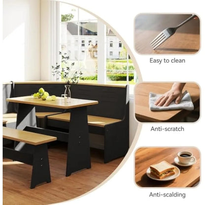 breakfast nook corner dining table kitchen bench chair set, space-saving 3-5 people seat reversible l-shape for family home blac