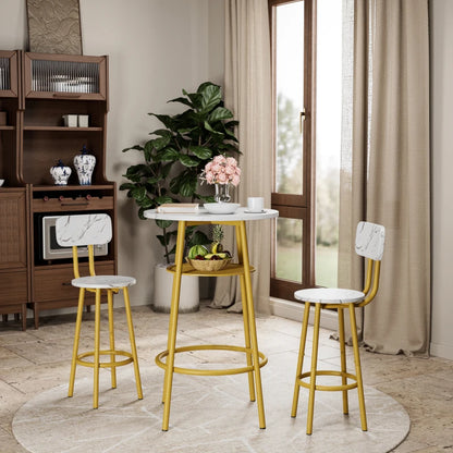 3 Pcs, Dining Table and Chairs Set with 2 Stools Dining Table Set Faux Marble Tabletop for Home or Hotel Dining Room