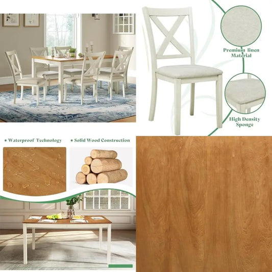Solid Wood 7-Piece Farmhouse Dining Set with 6 Upholstered Chairs, 60" Space-Saving Table for Dining