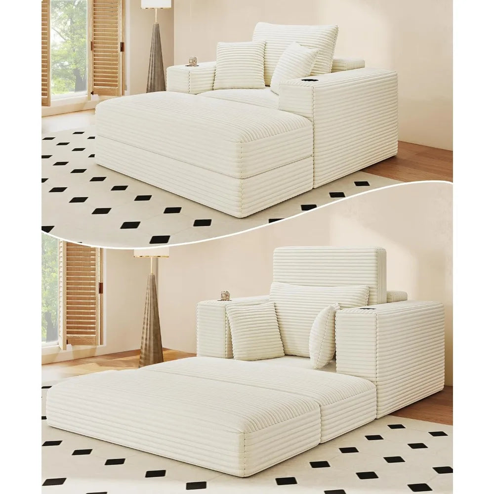 Chaise Lounge Chair Indoor, Fluffy Corduroy Upholstered Boneless Couch, Convertible Sleeper Sofa Bed