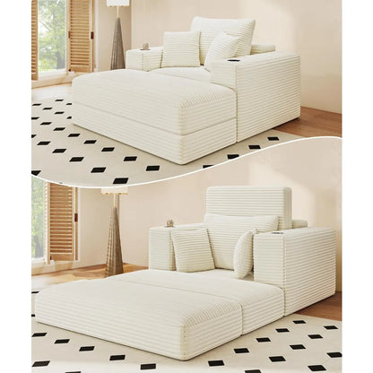 Chaise Lounge Chair Indoor, Fluffy Corduroy Upholstered Boneless Couch, Convertible Sleeper Sofa Bed