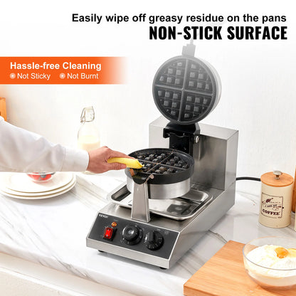 Electric Waffle Maker Stainless Steel Round Waffle Iron Non-Stick Waffle Baker Machine Teflon-Coated Baking Pans