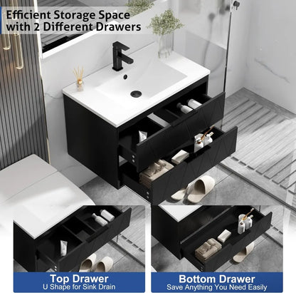 30" Bathroom Vanities Cabinet with Sink Combo, Wall Mounted Floating Cabinet W/Decor Line, Soft-Close System, 2 Extra Big Drawer