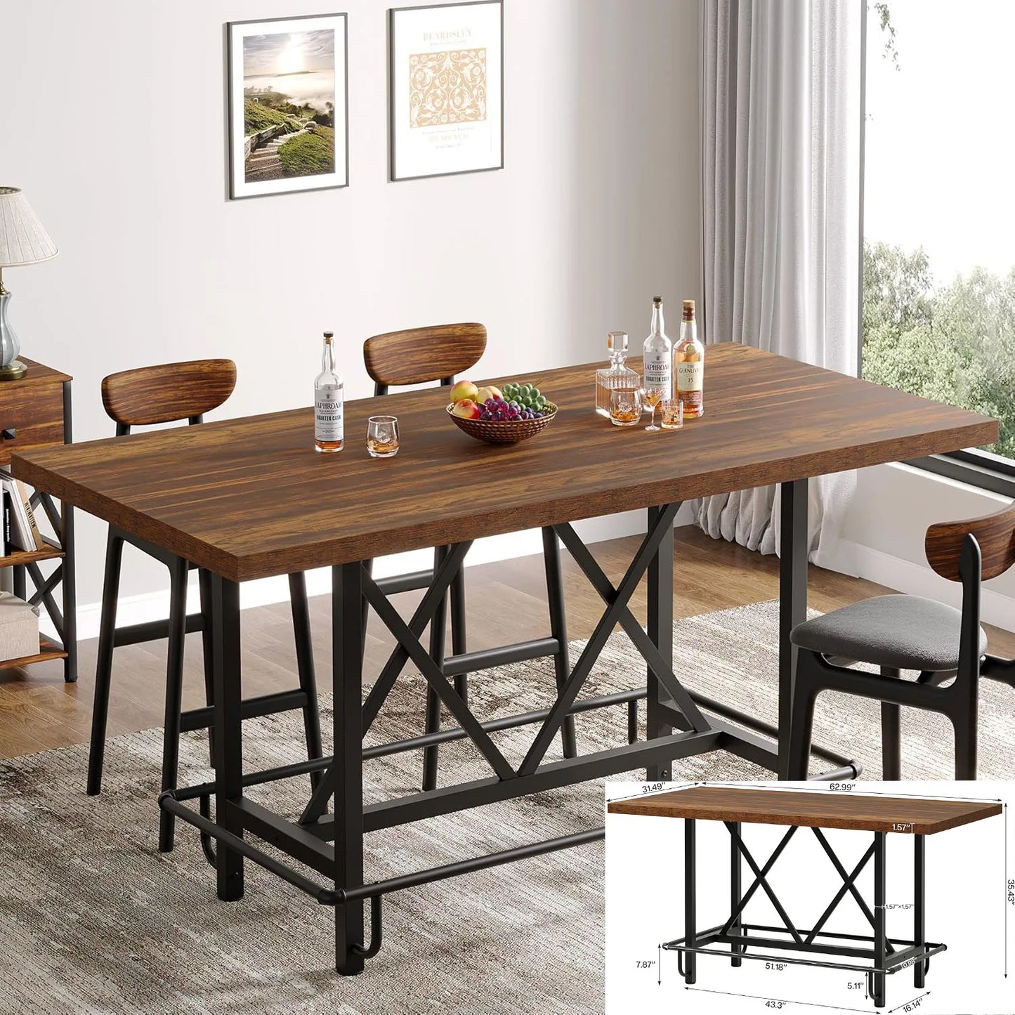 63-inch Dining Table for 4-6, Farmhouse Table with Large Tabletop, Rectangular Eating Table for Dining Room, Living Room