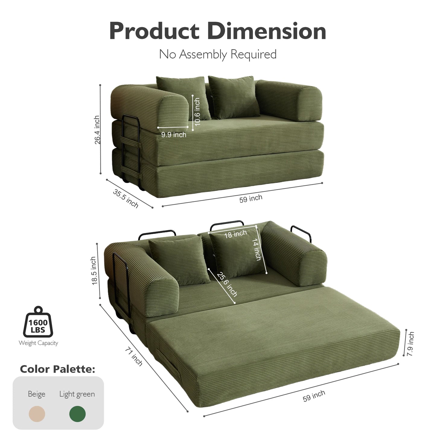 59" 4-in-1 Cloud Boneless Convertible Floor Sofa Bed,High-Density Sponge & Corduroy Fabric Futon Daybed for Living Room Bedroom