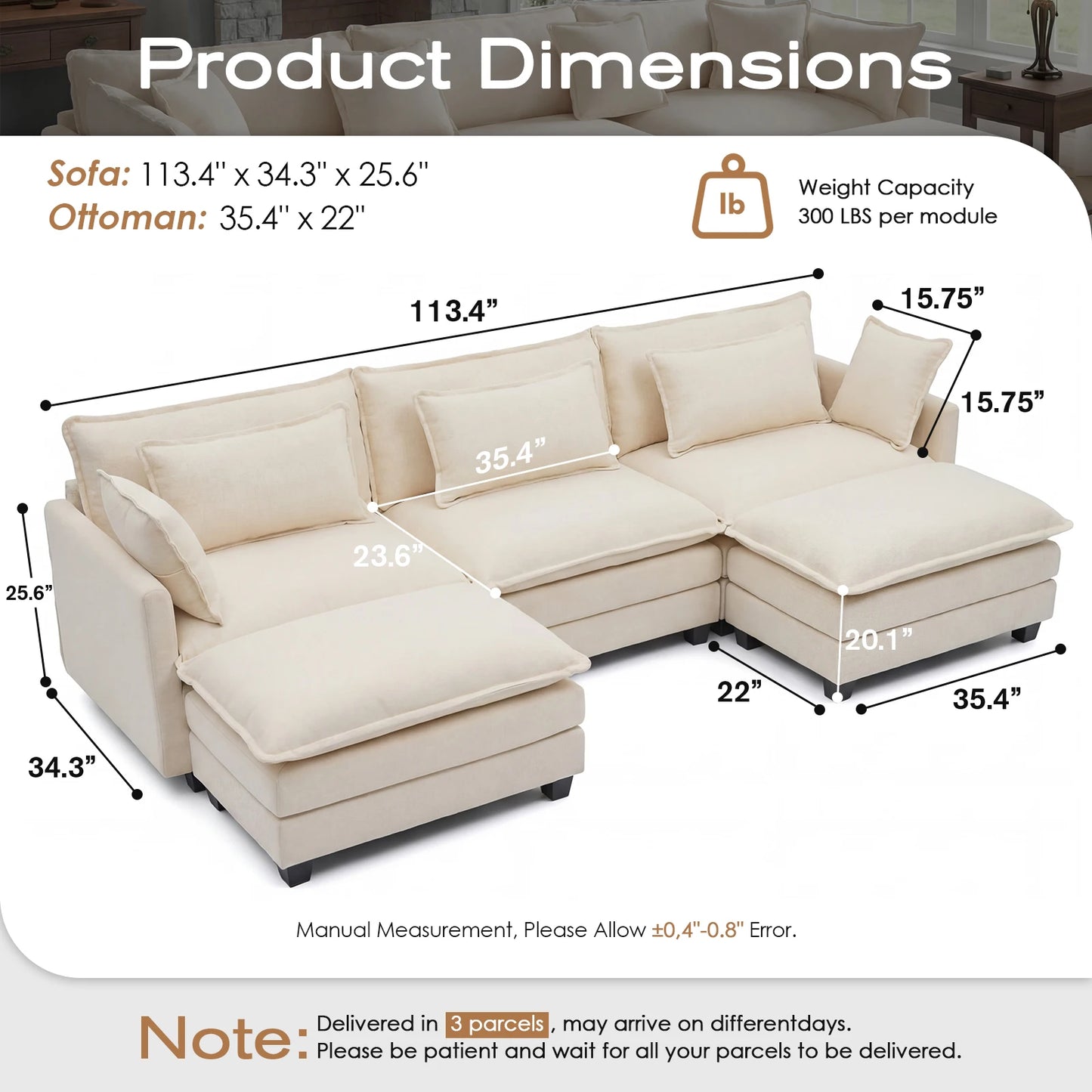 113.4" Modular Sectional Sofa with Ottoman, Comfy Cloud Couch with Deep Seat (23.6" D), Solid Wood Frame,for Living Room