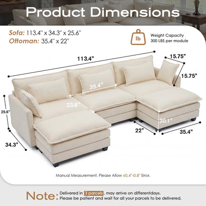 113.4" Modular Sectional Sofa with Ottoman, Comfy Cloud Couch with Deep Seat (23.6" D), Solid Wood Frame,for Living Room