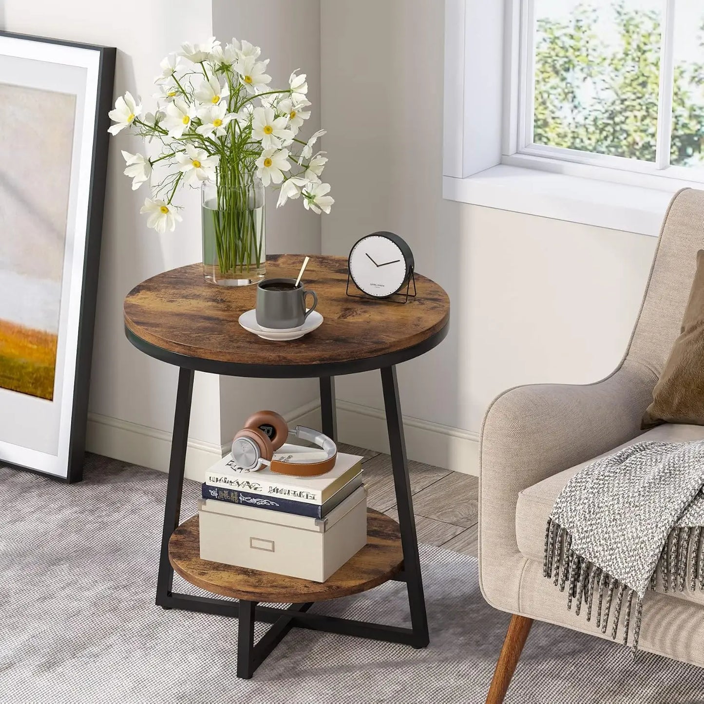 2 Tier Round End/Side Table with Storage Shelf