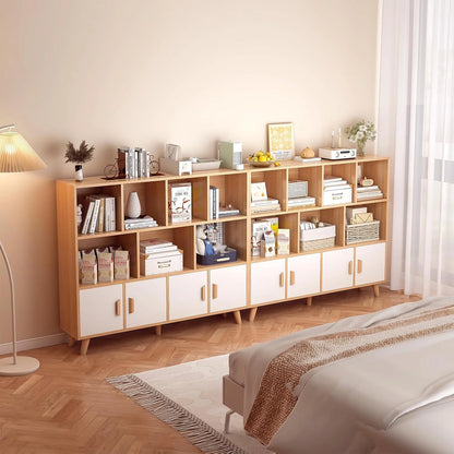 Three-tier wooden bookshelf, open cube low bookshelf with legs and drawers, cube storage