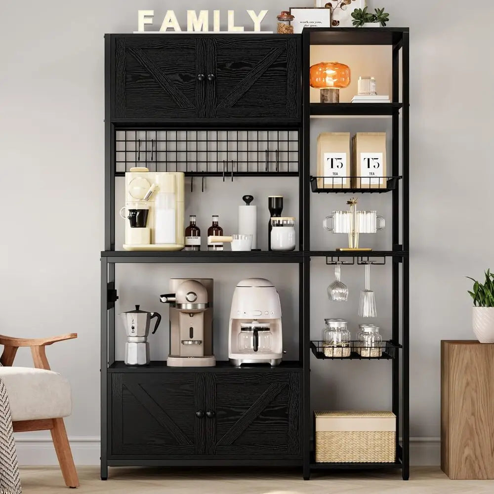 Bakers Rack with 2 Storage Cabinets and Power Outlet, 45.3 Inch Kitchen Microwave Stand with Storage, Coffee Bar Cabinet