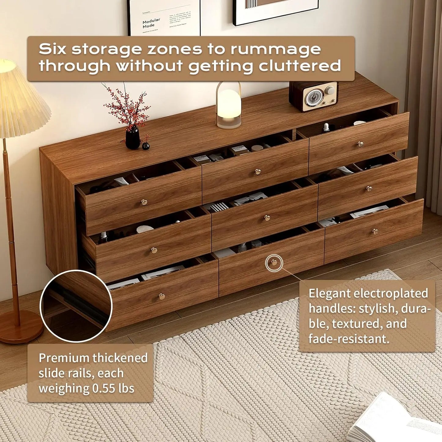 9 Drawer Dresser for Bedroom, 63 Inch Walnut Dresser for Closet, Mid Century Wood Chest of Drawers with Natural, Customized