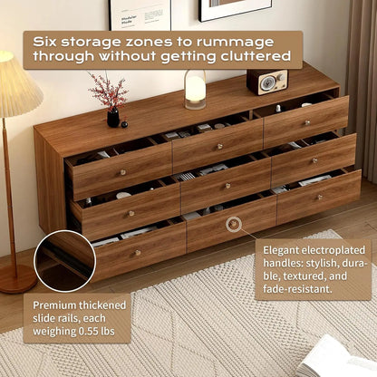 9 Drawer Dresser for Bedroom, 63 Inch Walnut Dresser for Closet, Mid Century Wood Chest of Drawers with Natural, Customized