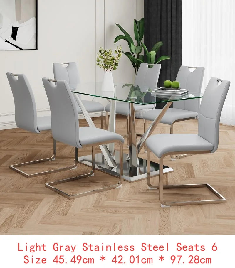 Elegant Glass Dining Table Set with Stainless Steel Base & 6 White Chairs - Modern Transparent Design for Dining Room