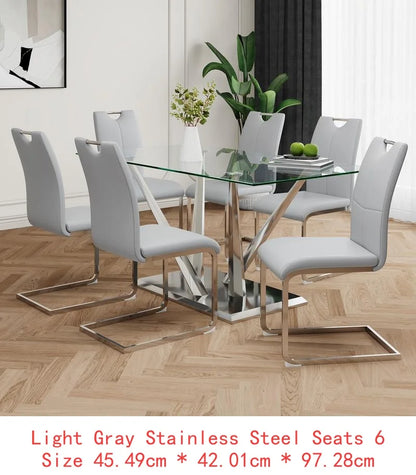 Elegant Glass Dining Table Set with Stainless Steel Base & 6 White Chairs - Modern Transparent Design for Dining Room