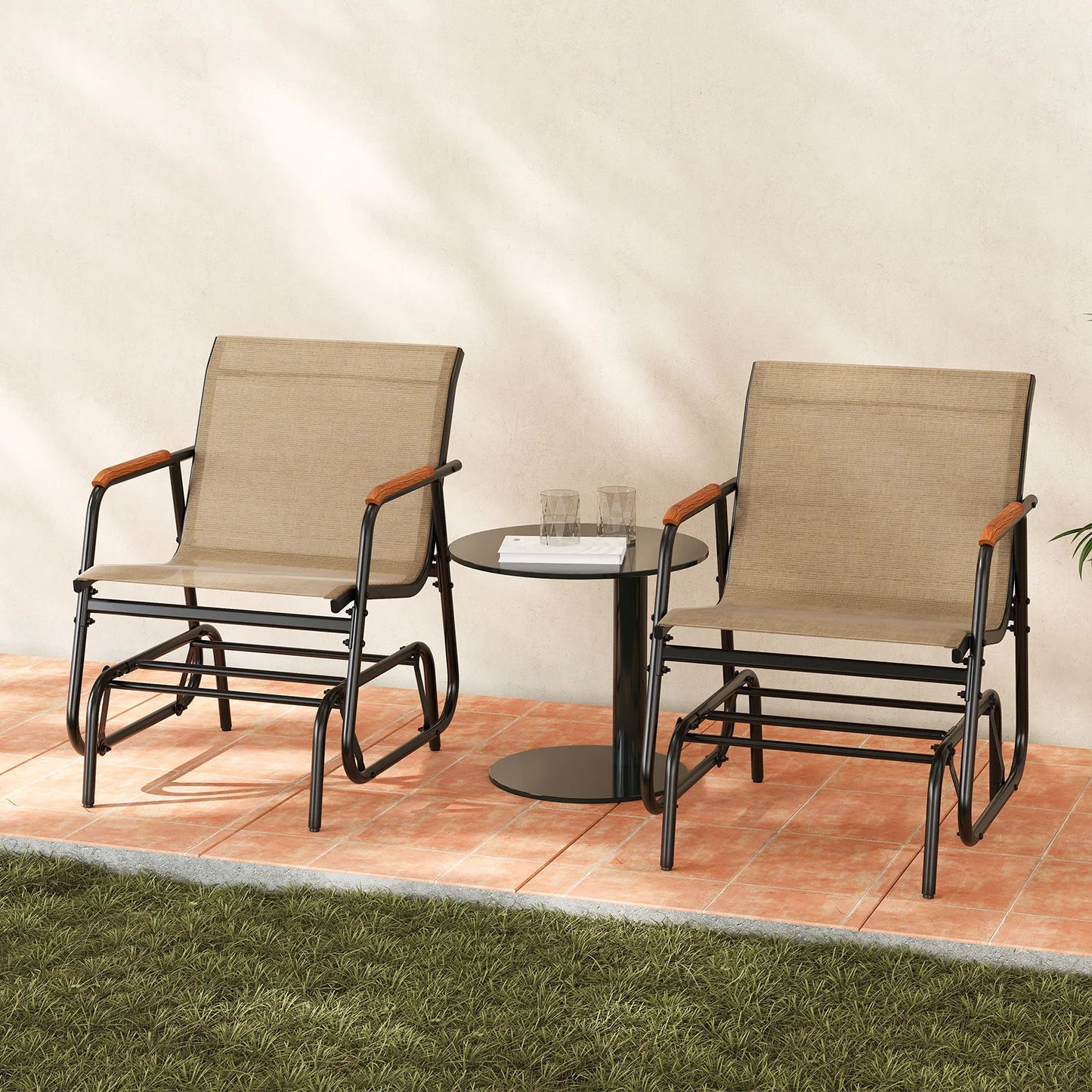 Patio Glider Chair Set of 2 w/ Curved Teak Armrests & Breathable Fabric Seat